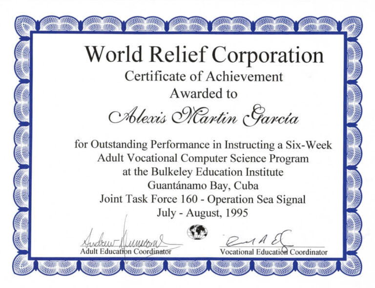 Certificate from World Relief Corporation